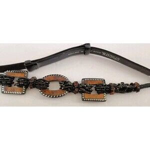 Chicos Beaded Shell Leather Belt Black Size M/L Bohemian  Lagenlook Artsy 90s